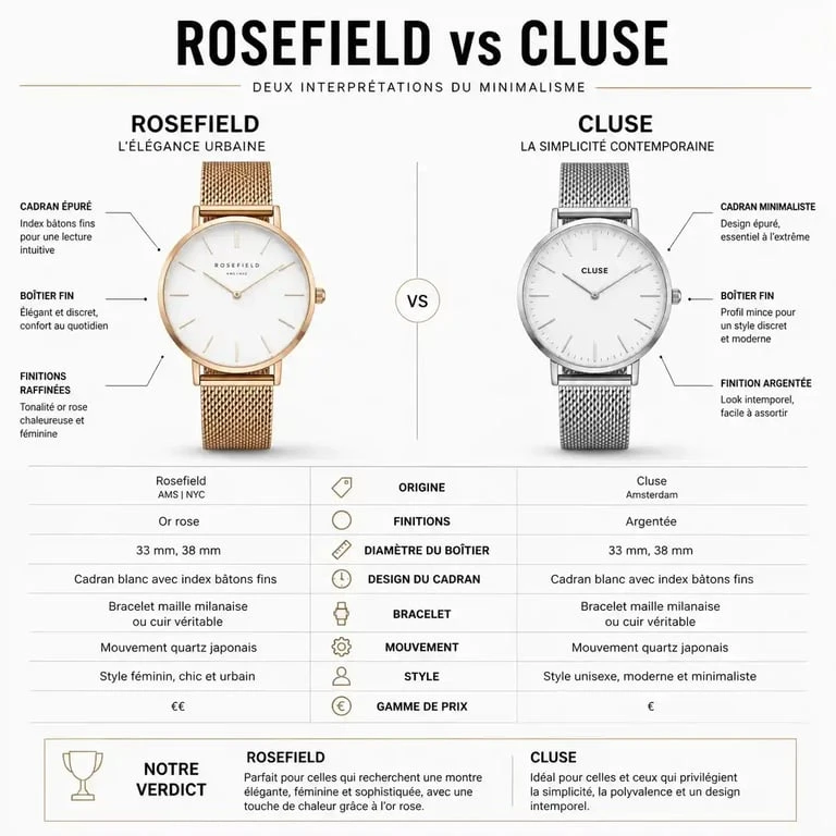 Comparatif visuel des montres femme Rosefield et Cluse, design minimaliste et élégance.