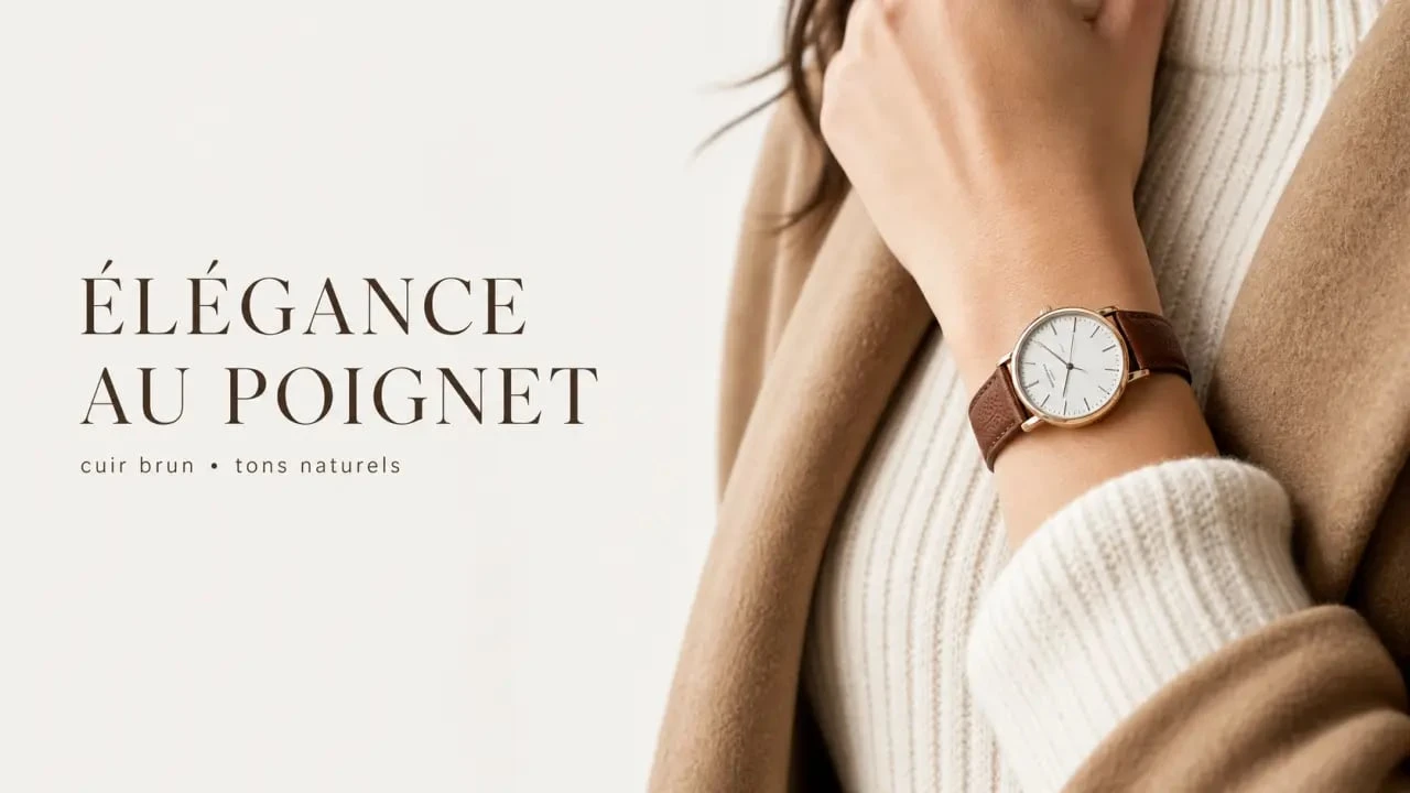 Montres femme marron portée avec une tenue beige et écru dans un style chic et naturel