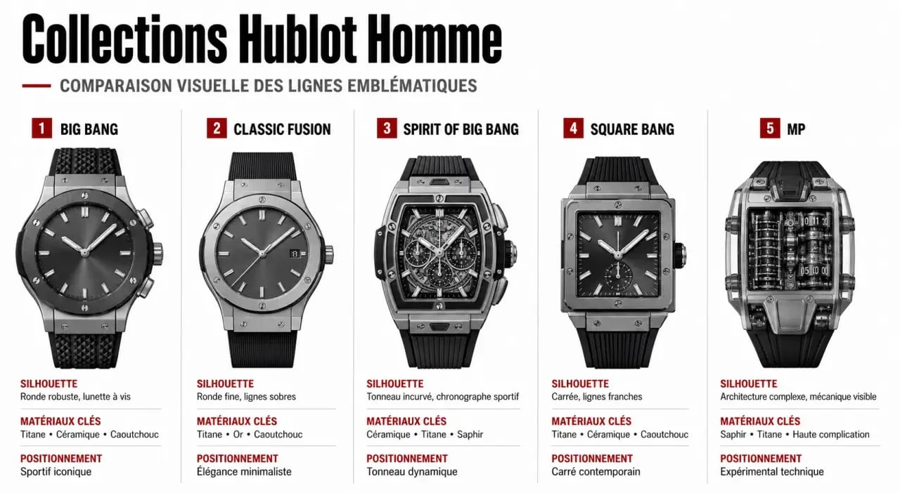 Comparatif des collections hublot montres homme Big Bang, Classic Fusion, Spirit of Big Bang, Square Bang et MP