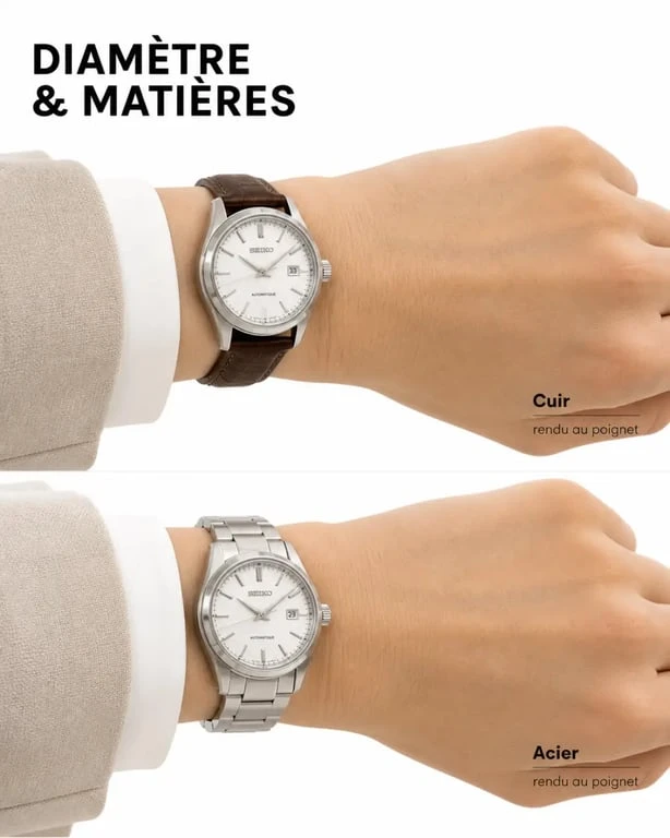 Seiko montres femme portée au poignet, gros plan sur le diamètre et le bracelet
