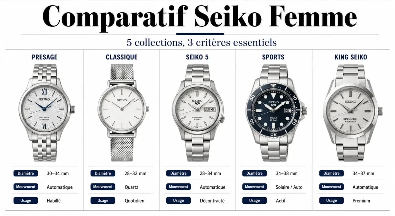 Seiko montres femme : comparatif éditorial des collections Presage, Classique, Seiko 5, Sports et King Seiko