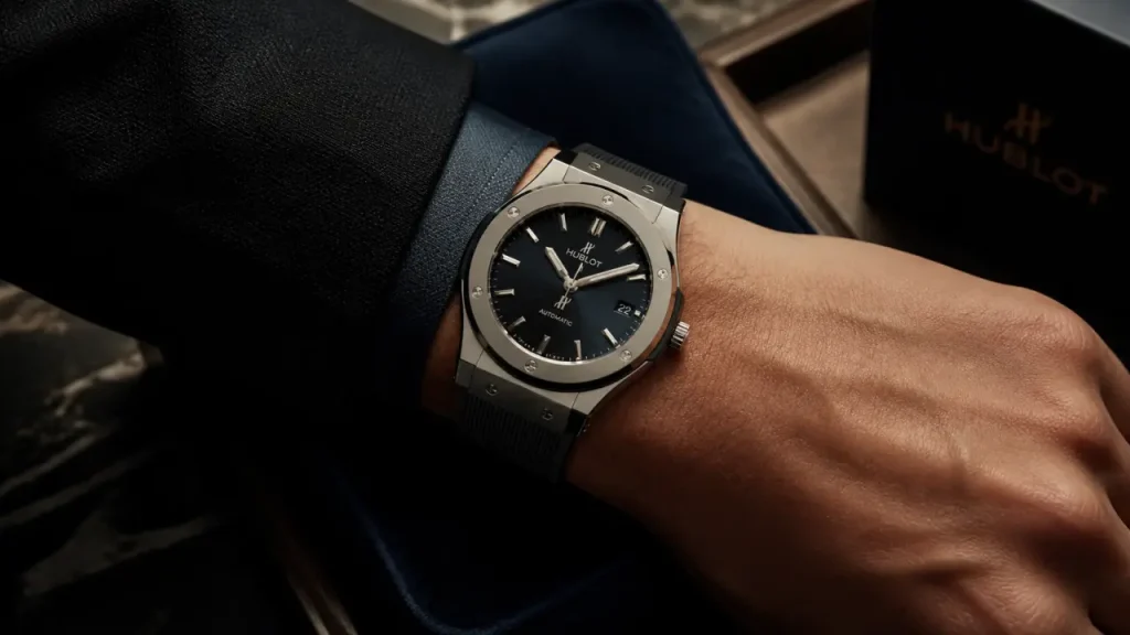 Hublot montres homme sur poignet, gros plan studio