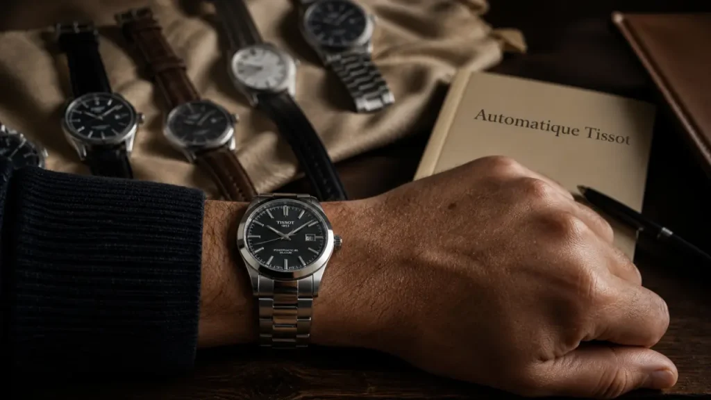 Montres automatiques Tissot homme PRX Gentleman Seastar sur table bois