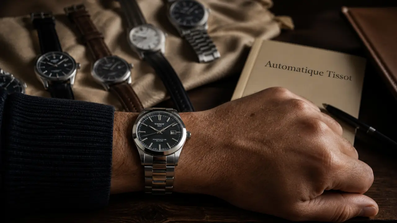 Montres automatiques Tissot homme PRX Gentleman Seastar sur table bois