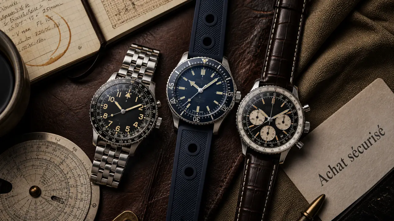Montres Breitling homme Navitimer Chronomat Superocean sur table bois