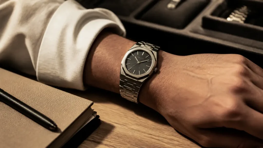 Montres Bvlgari pour homme : montre Octo octogonale facettée sur poignet masculin