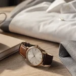 Montres certus femme : montre classique cuir marron sur table bois clair