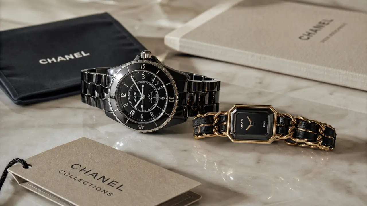 Montres Chanel femme J12 et Première, céramique noire et cuir sur chaîne