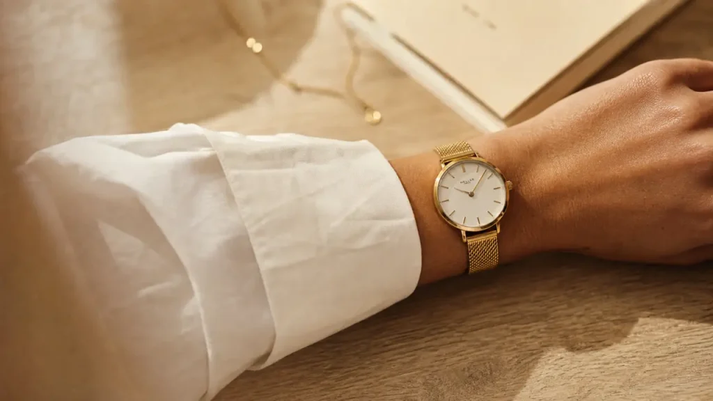 Montres en or pour femme : cadran noir et bracelet maille dorée