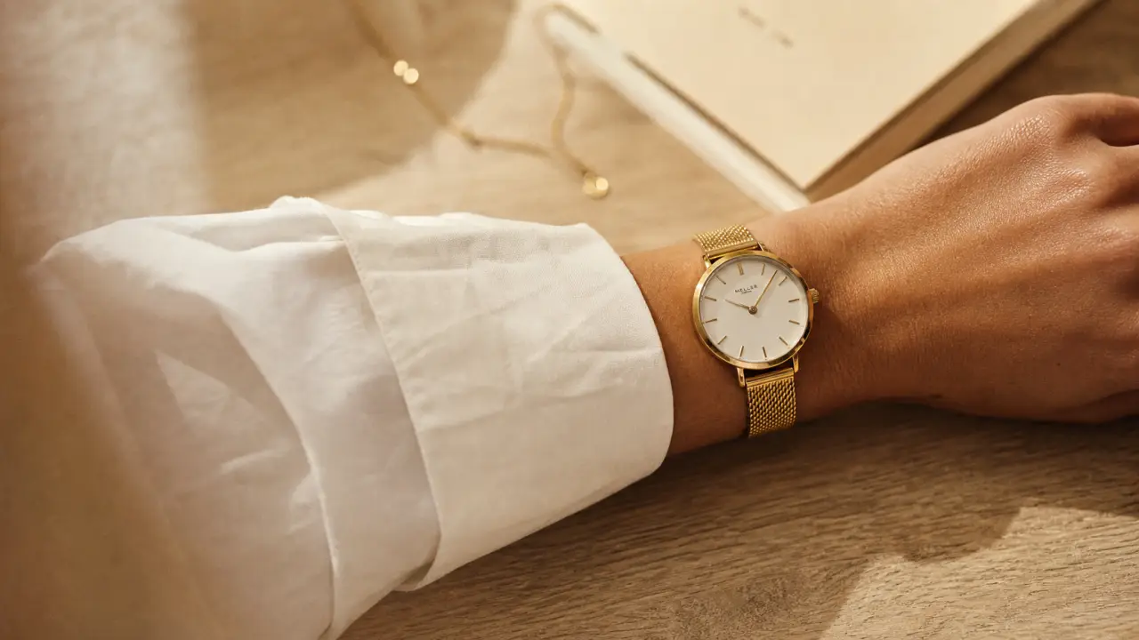 Montres en or pour femme : cadran noir et bracelet maille dorée