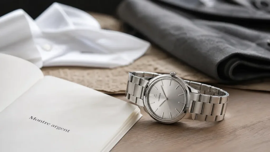 Montres femme argent : gros plan bracelet acier brossé, cadran rond