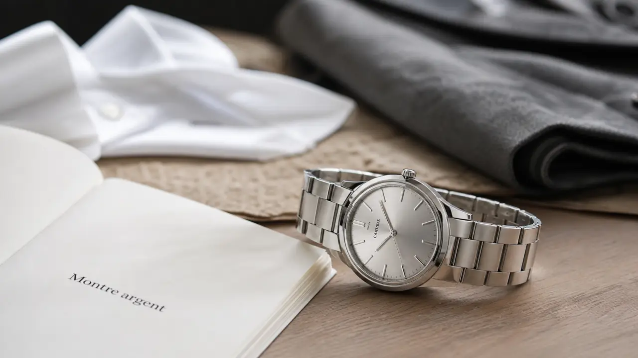 Montres femme argent : gros plan bracelet acier brossé, cadran rond