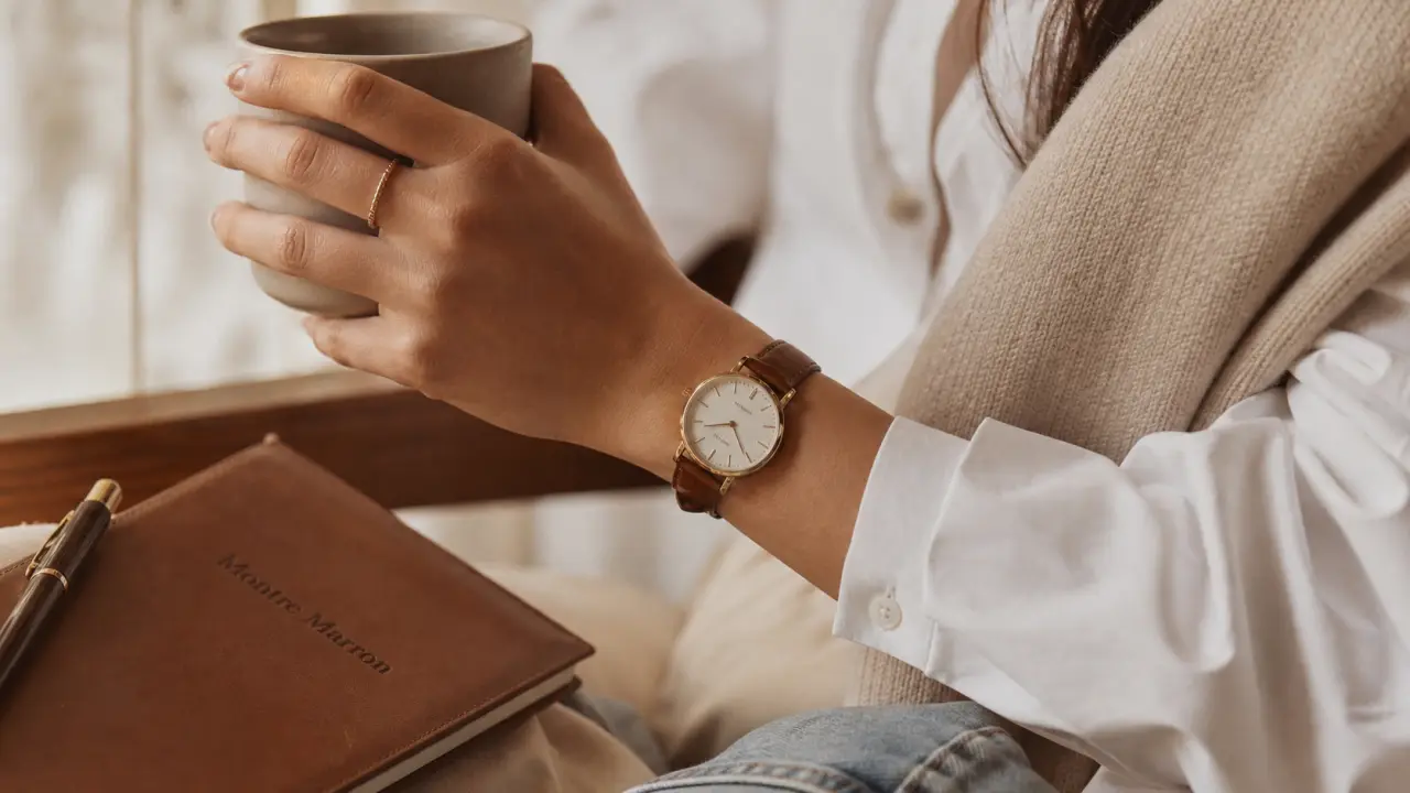 Montres femme marron : montre cognac au poignet, détail chic