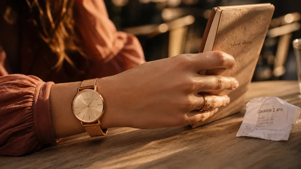 Montres femme or rose au poignet, bracelet doré-rose et style élégant
