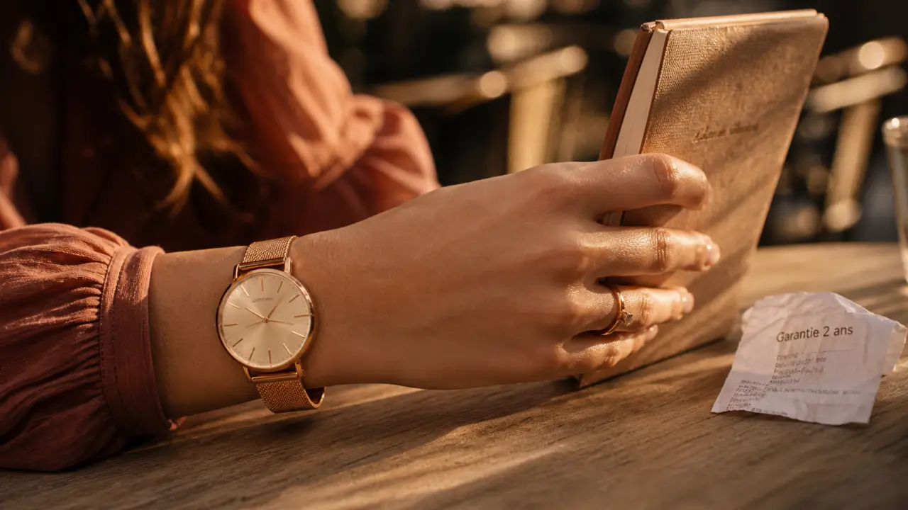 Montres femme or rose au poignet, bracelet doré-rose et style élégant