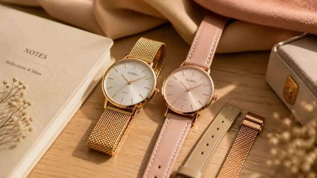 Montres femme Rosefield minimalistes sur table bois clair, gros plan