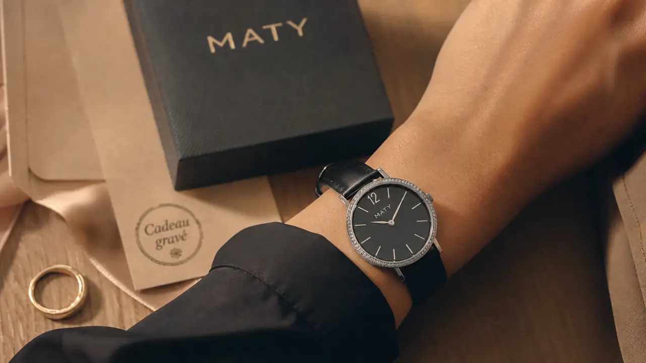 Montres maty pour femme : montre acier avec bracelet cuir noir