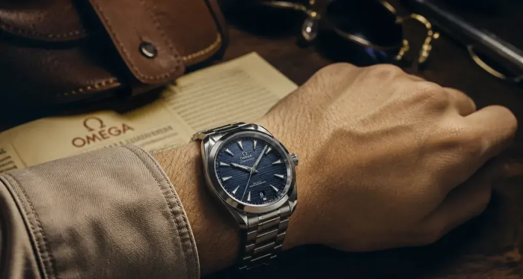 Montres omega homme : gros plan montre acier poli sur poignet
