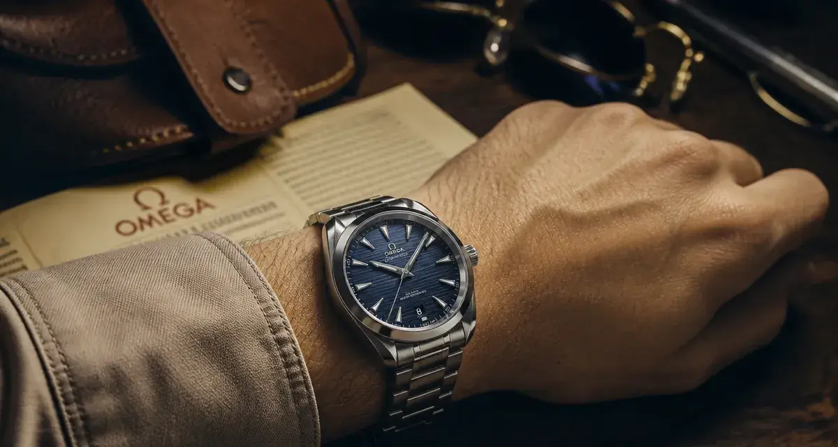 Montres omega homme : gros plan montre acier poli sur poignet