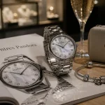 Montres Pandora femme, montre nacrée et bracelet acier sur table