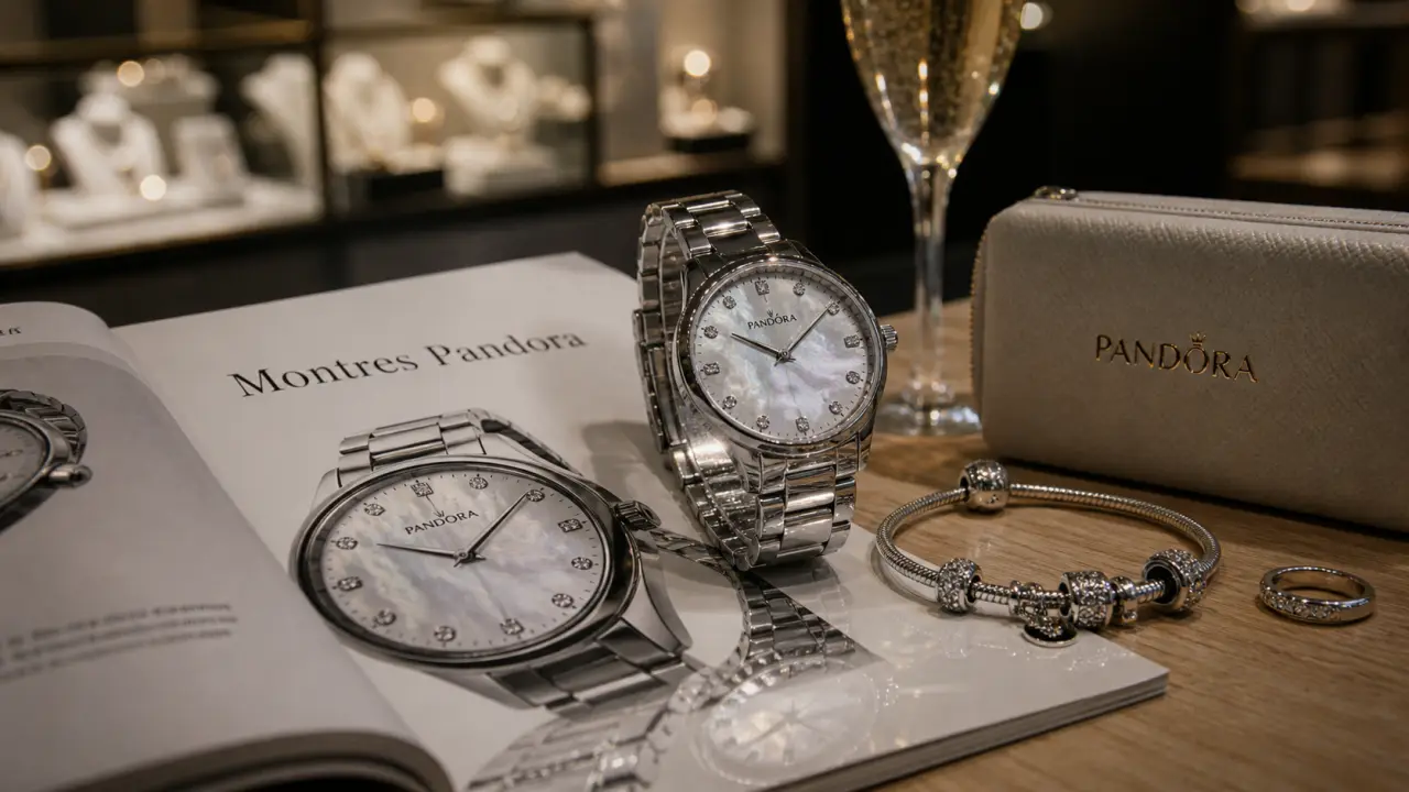 Montres Pandora femme, montre nacrée et bracelet acier sur table