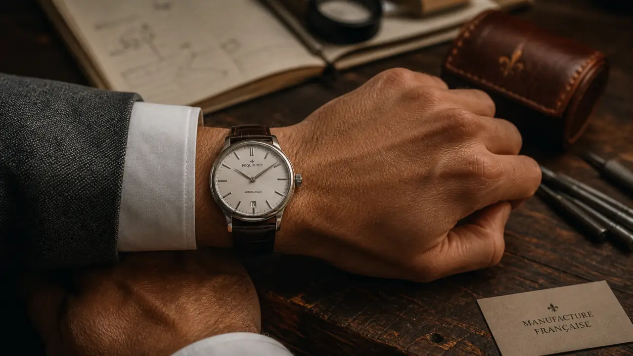 Montres pequignet homme automatiques : photo atelier, cadran argent et bracelet cuir