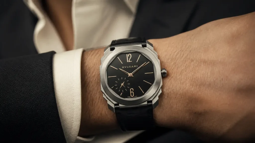 Bulgari montres homme : gros plan poignet, design italien et précision suisse