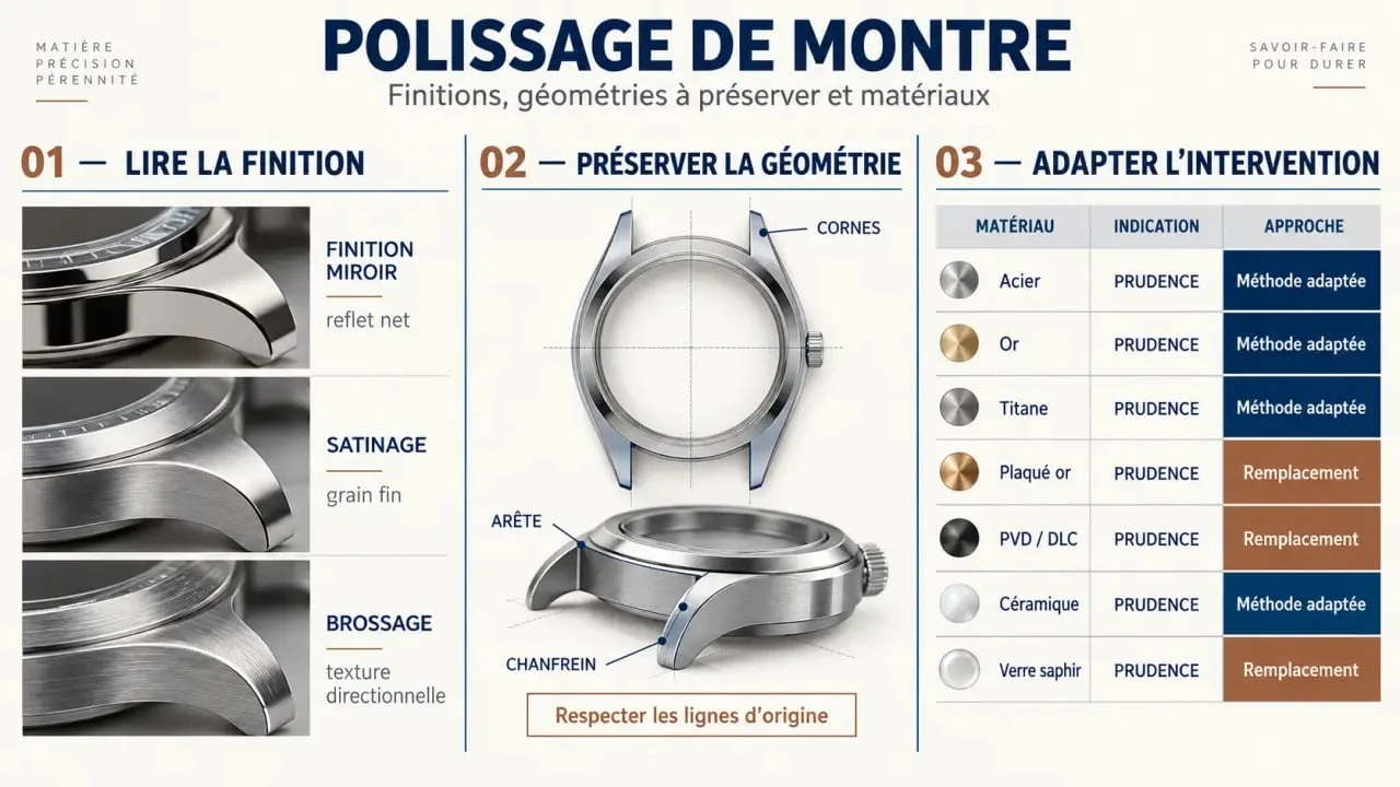 Infographie sur le polissage montre, les finitions et les matériaux compatibles