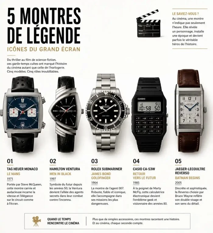 Sélection de montres iconiques au cinéma, illustrant l'influence des garde-temps dans les films cultes