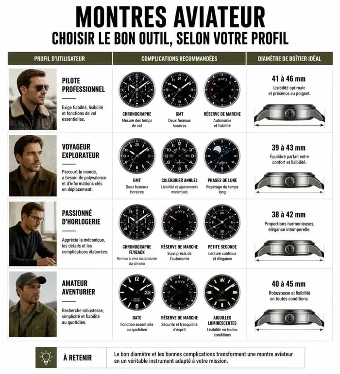 Tableau comparatif des profils pour choisir sa montre aviateur idéale
