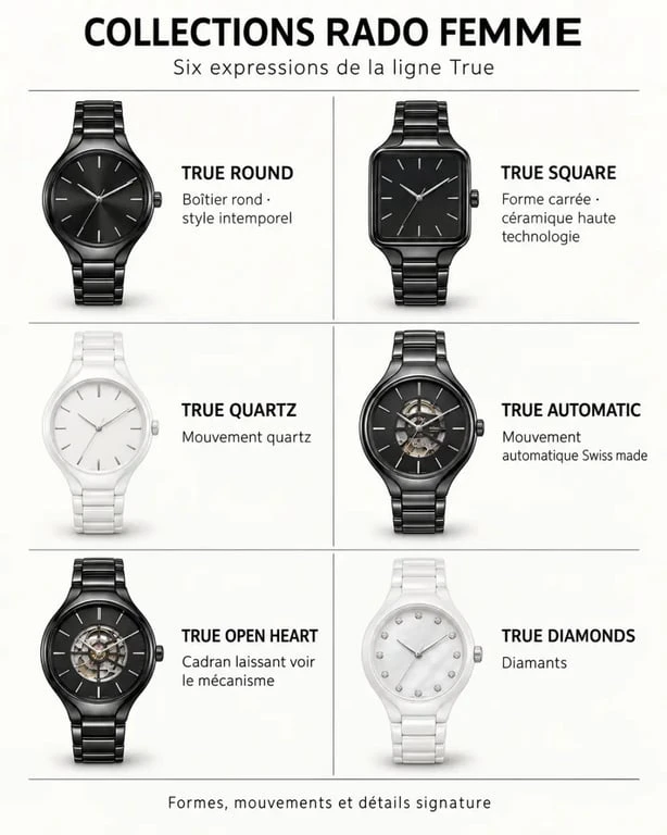 Infographie des collections de montres Rado femme True Round, True Square, Quartz, Automatic, Open Heart et Diamonds