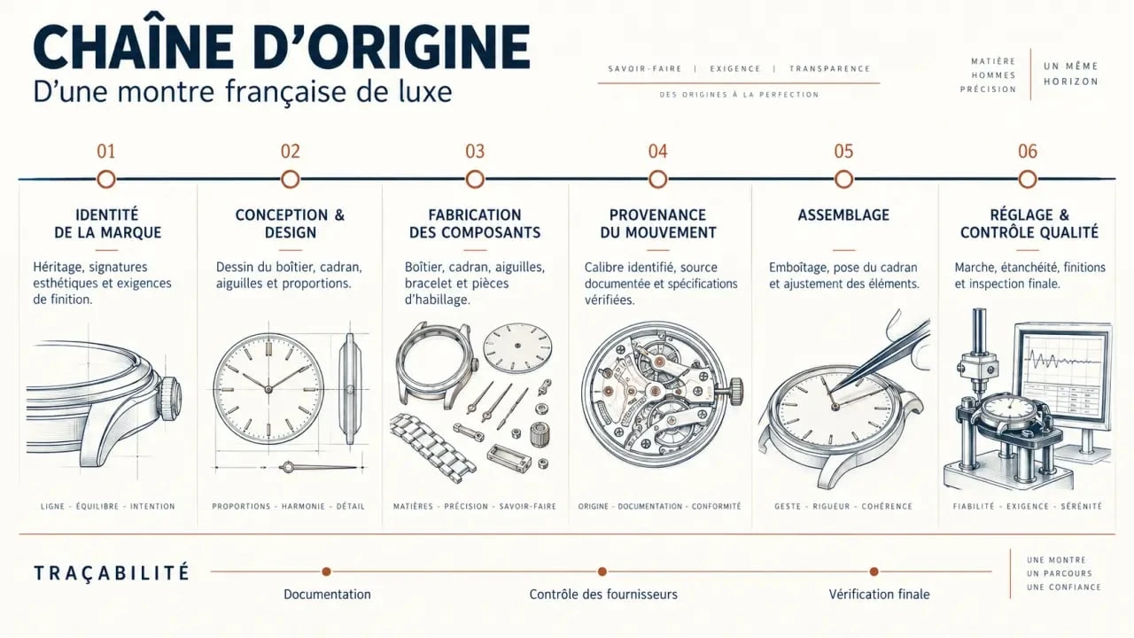 Infographie sur l’origine et la fabrication d’une montre francaise luxe