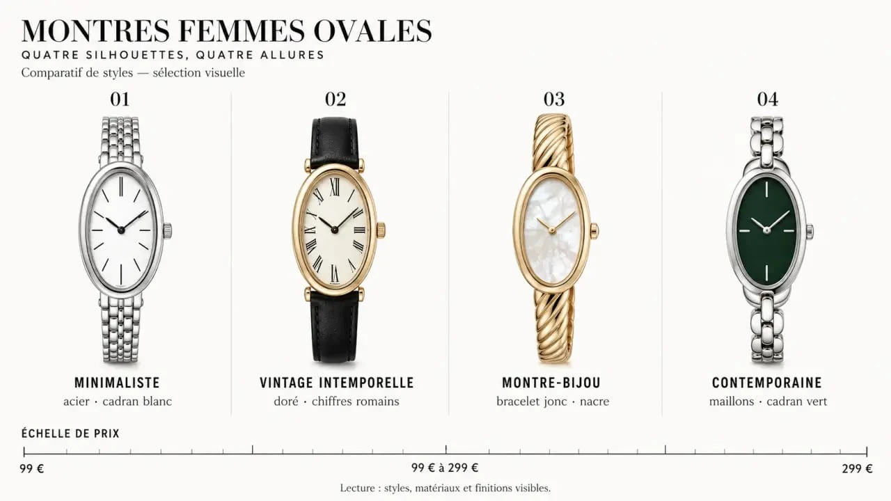 Visuel éditorial des montres femmes ovales par style et budget de 99 € à 299 €