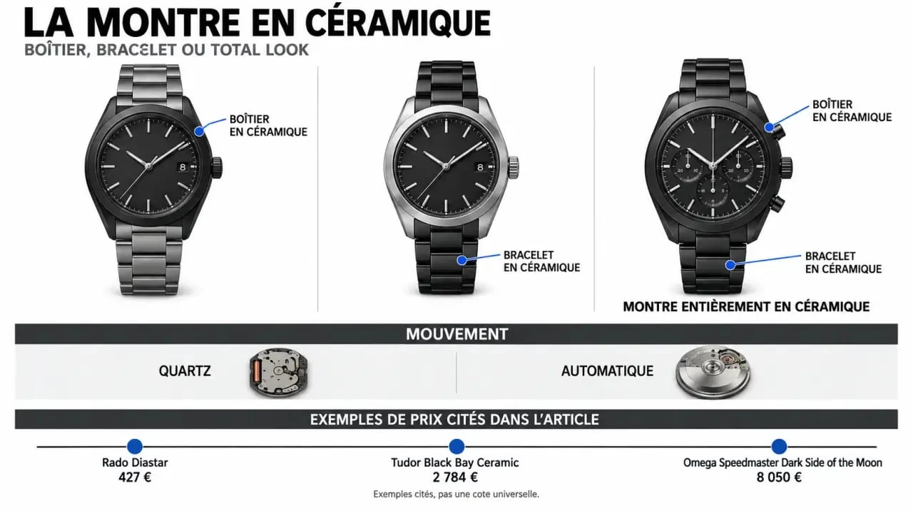 Infographie pour choisir une montre céramique : matériaux, mouvements et exemples de prix