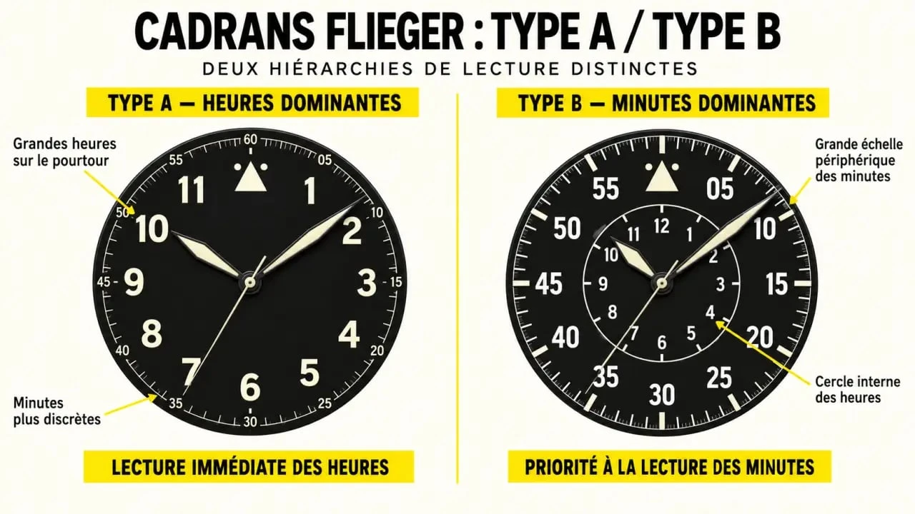 Montre Laco : comparaison visuelle des cadrans Flieger type A et type B