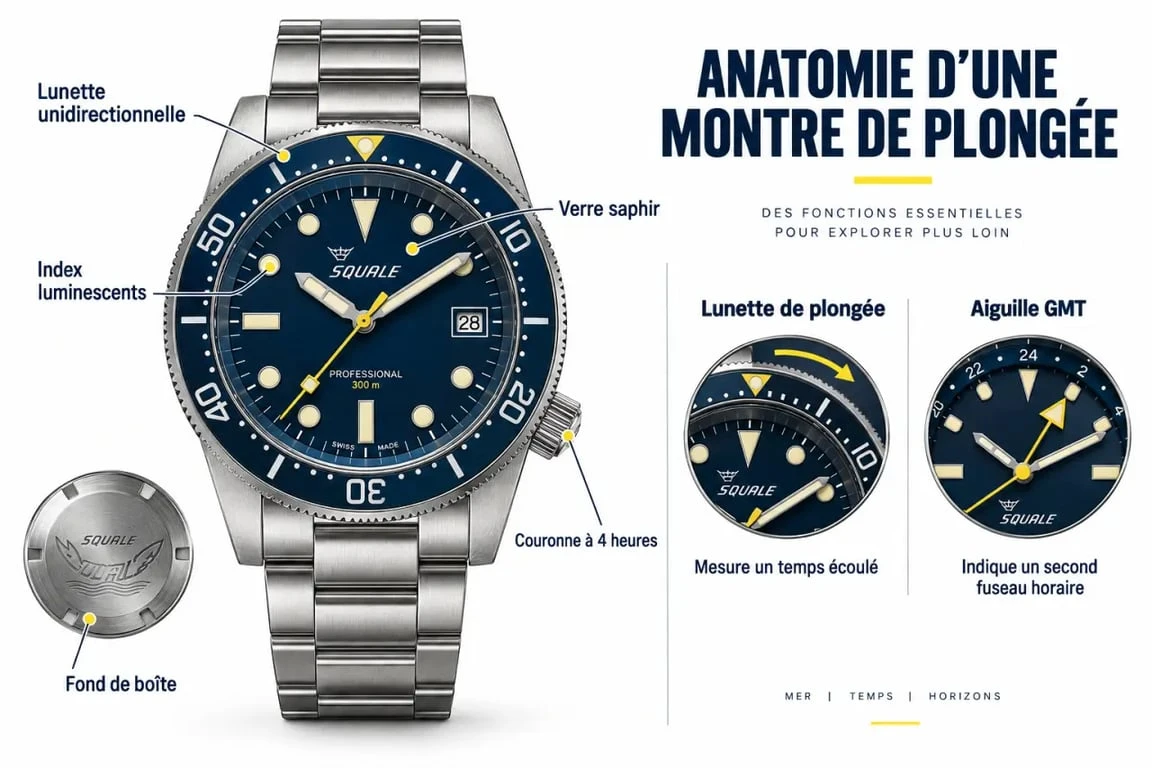 Schéma des fonctions techniques d’une montre Squale de plongée