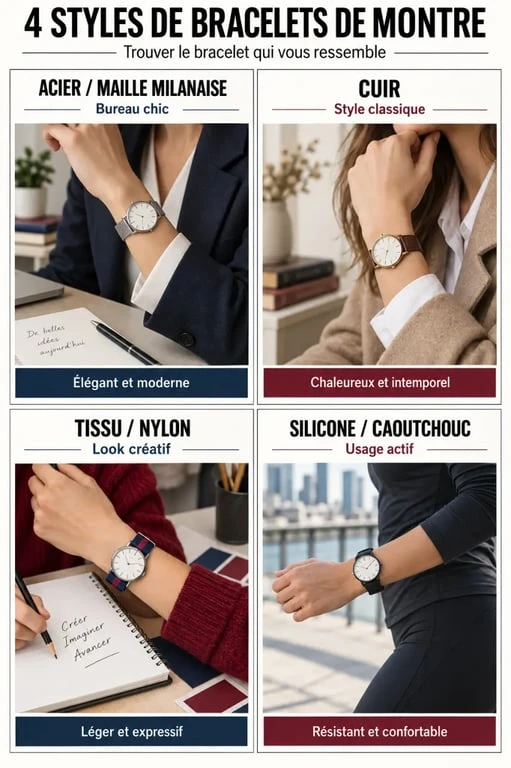 Montre bijoux femme originale avec différents bracelets selon le style et l’usage