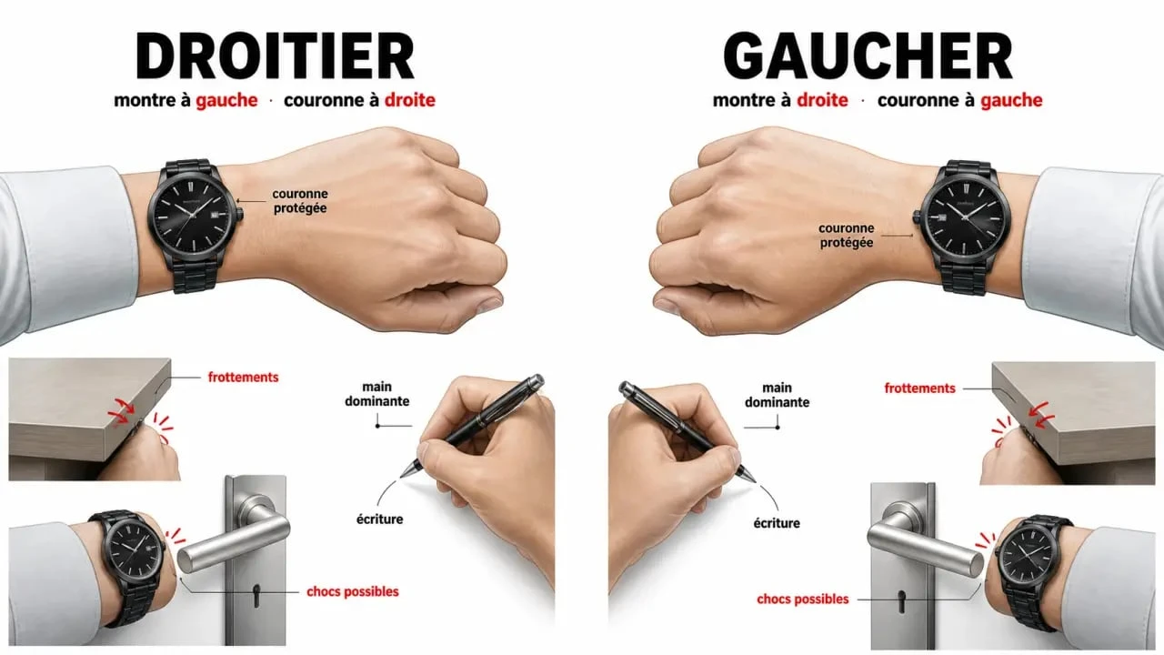 Montre quel poignet : comparaison visuelle entre poignet gauche et poignet droit selon la main dominante
