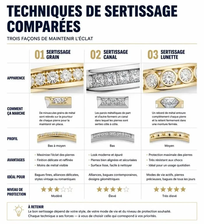Schéma comparatif des techniques de sertissage en haute joaillerie.