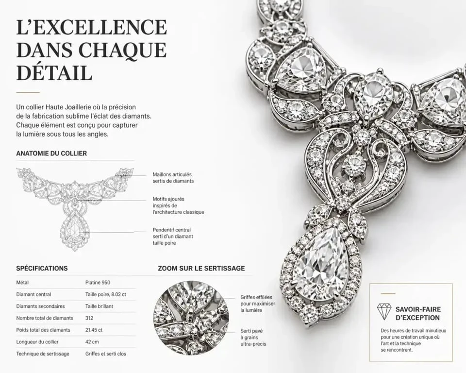 Détail d'un collier de haute joaillerie montrant la précision du sertissage.