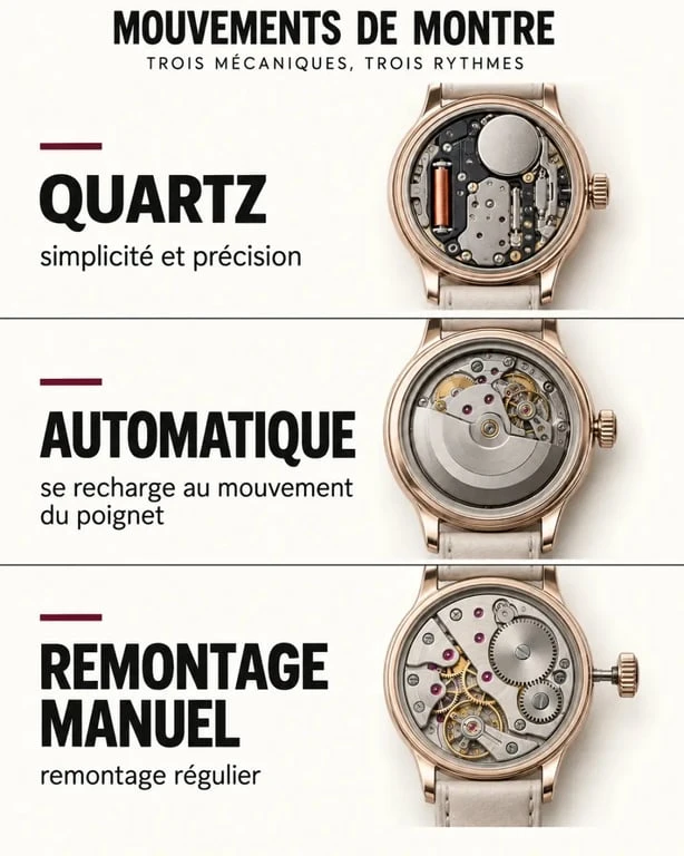 Galerie Lafayette montres femme : infographie des mouvements quartz, automatique et mécanique
