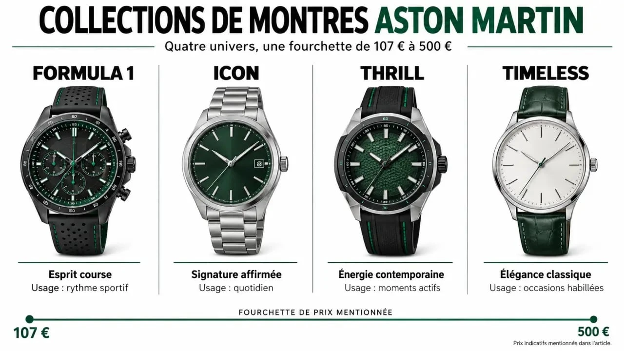 Infographie des collections de montre Aston Martin Formula 1, Icon, Thrill et Timeless avec leurs styles et prix