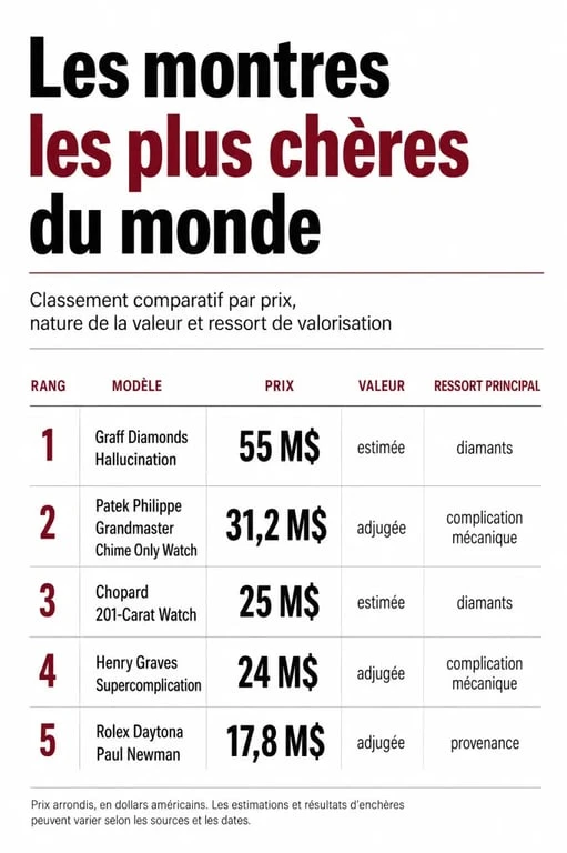 Montre la plus chere du monde : infographie comparative des records de prix, des ventes aux enchères et des modèles emblématiques