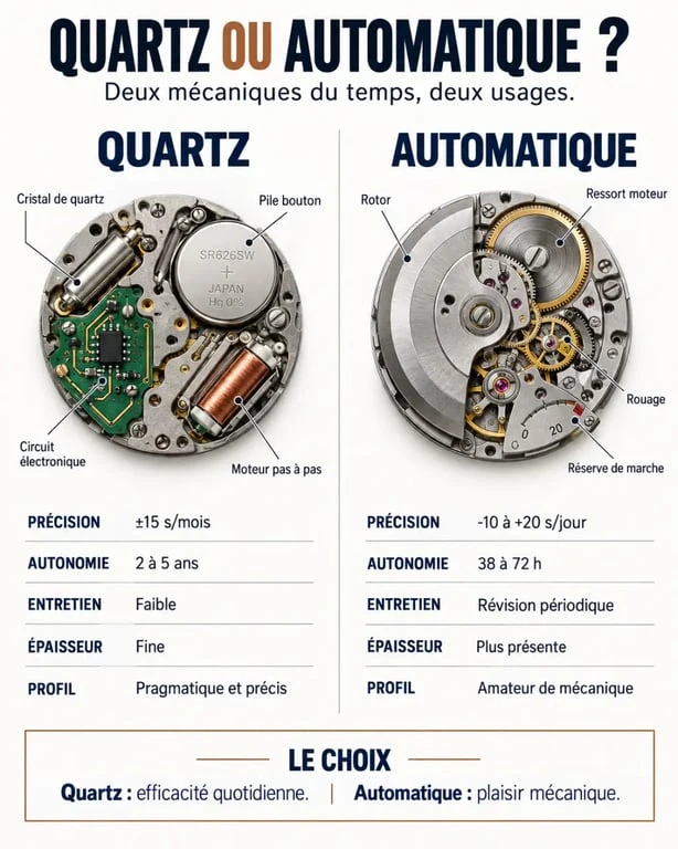 Infographie comparative montre à quartz ou automatique avec fonctionnement, précision et autonomie
