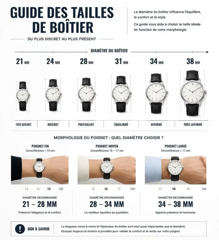 Guide visuel des tailles de montre mode femme selon la morphologie du poignet