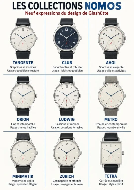 Infographie comparative des collections de montre NOMOS selon le style et l’usage