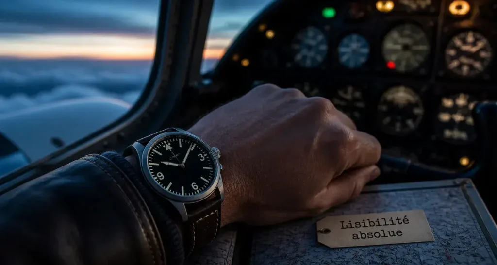 Montre aviateur en cockpit, cadran noir lisible