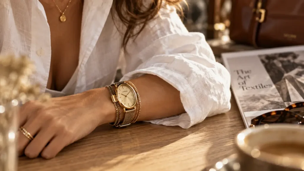 Montre bijoux femme originale : un poignet signé, sans surcharge