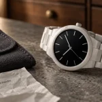 Montre céramique blanche et noire, bracelet céramique, sur comptoir pierre mate.