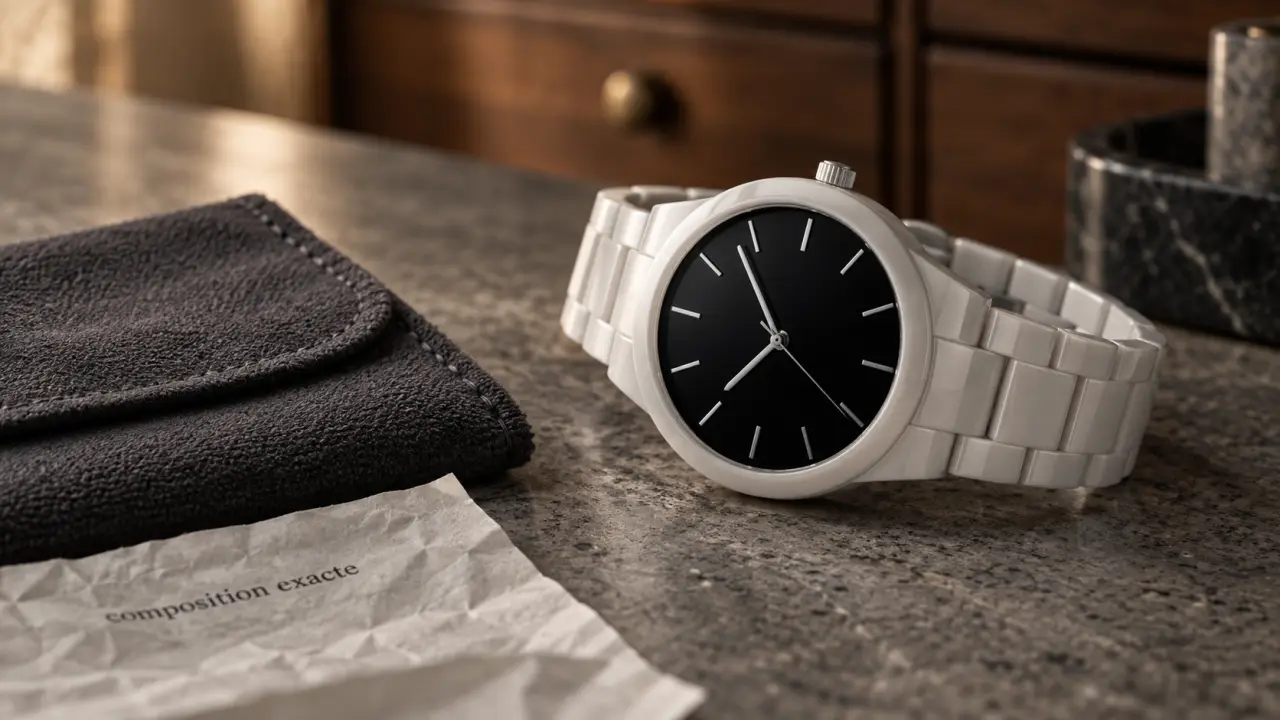 Montre céramique blanche et noire, bracelet céramique, sur comptoir pierre mate.